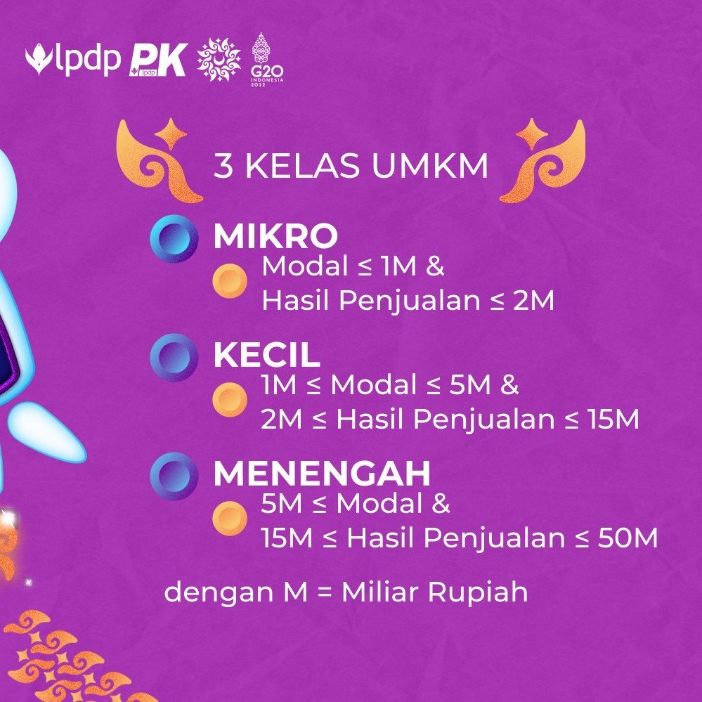 ef. (@esyaifullah) on Twitter photo Semangat hari Senin sobat Tala!
Tahukah kamu bahwa sesuai namanya, UMKM terbagi menjadi tiga kelas usaha, yakni usaha Mikro, Kecil dan Menengah.
<a href="/LPDP_RI/">#DiriUntukNegeri</a>
<a href="/pk189lpdp/">Sembagi Arutala</a>
#DiriUntukNegeri #SDMUnggulIndonesiaMaju
#AkuPastiMengabdi #LPDP Semangat hari Senin sobat Tala!
Tahukah kamu bahwa sesuai namanya, UMKM terbagi menjadi tiga kelas usaha, yakni usaha Mikro, Kecil dan Menengah.
<a href="/LPDP_RI/">#DiriUntukNegeri</a>
<a href="/pk189lpdp/">Sembagi Arutala</a>
#DiriUntukNegeri #SDMUnggulIndonesiaMaju
#AkuPastiMengabdi #LPDP