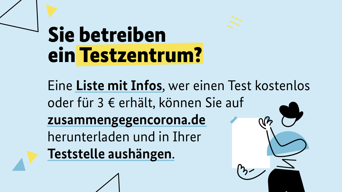 BMG_Bund's tweet photo. Auf https://t.co/2pZt2V5Ryl finden Sie Informationen zur aktuellen #Testverordnung, die Sie kostenlos downloaden und in Ihrer #Teststelle aushängen können. So wissen Ihre Besucher:innen, wer Anspruch auf einen kostenlosen Test hat und wer 3 € für einen Test zahlen muss. https://t.co/Ca6VhrRioM