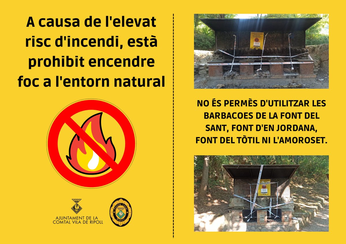 Ajuntament de Ripoll (@aj_ripoll) on Twitter photo 🔥 Recordeu que està prohibit encendre foc a l’entorn natural i que NO es poden utilitzar les barbacoes de: 
-Font d’en Jordana
-Font del Tòtil
-Font del Sant
-L’Amoroset
🙏 El risc d’incendi és molt elevat. Precaució! 🔥 Recordeu que està prohibit encendre foc a l’entorn natural i que NO es poden utilitzar les barbacoes de: 
-Font d’en Jordana
-Font del Tòtil
-Font del Sant
-L’Amoroset
🙏 El risc d’incendi és molt elevat. Precaució!