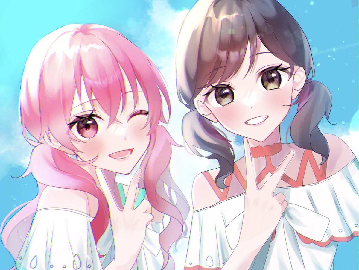 pink hair multiple girls 2girls v twintails one eye closed smile  illustration images