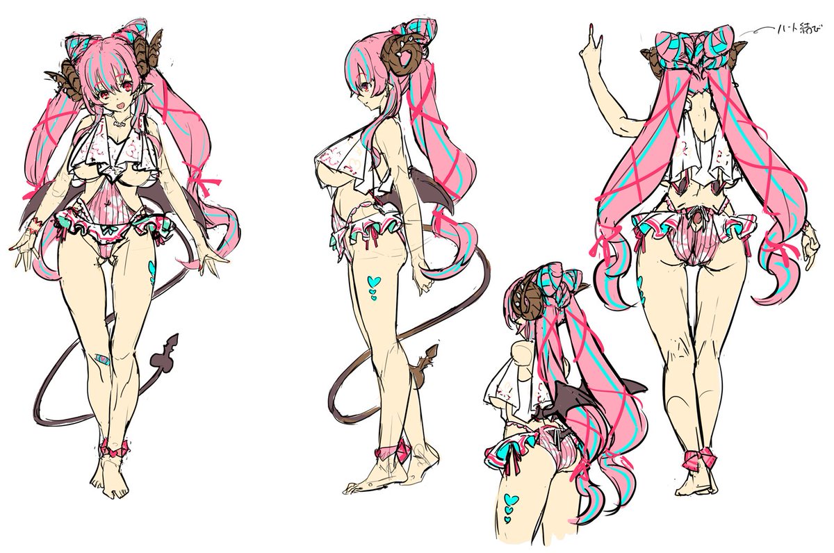 海の日には間に合わないけど🎂前には描きあげたい水着～とりま水着設定だけ
本番構図考える前に設定ある程度かためておかないと描けない病…シンプルなマイクロ水着とかだと勢いでイケるんだがやっぱ水着デザインは懲りたい病
# 中島ぺぺろ 
# ぺぺ絵ろ 