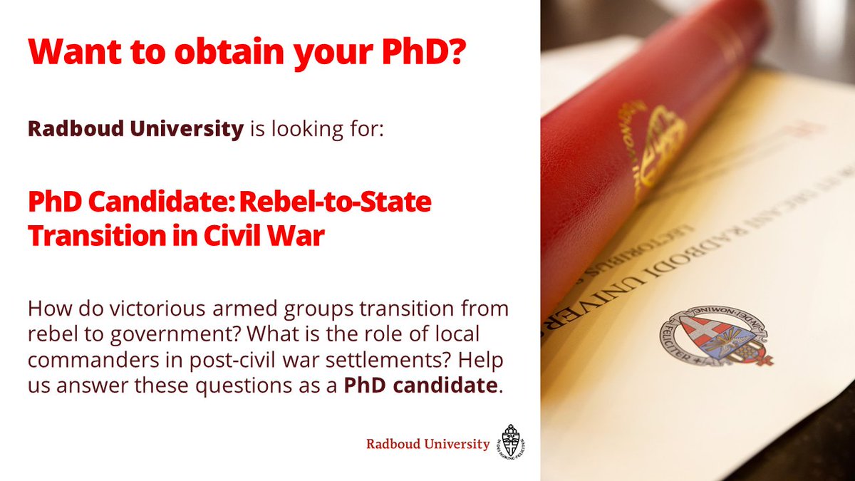 Romain Malejacq afghanopoly.bsky.social (@afghanopoly) on Twitter photo 🚨Job alert!!!🚨 We are recruiting a PhD candidate to work on "Rebel-to-state transition" as part of my <a href="/NWO_SSH/">NWO-domein SGW (Inactive)</a> VIDI project! Please apply (link below), retweet, and tell your friends! #youhaveaparttoplay
ru.nl/en/working-at/… 🚨Job alert!!!🚨 We are recruiting a PhD candidate to work on "Rebel-to-state transition" as part of my <a href="/NWO_SSH/">NWO-domein SGW (Inactive)</a> VIDI project! Please apply (link below), retweet, and tell your friends! #youhaveaparttoplay
ru.nl/en/working-at/…
