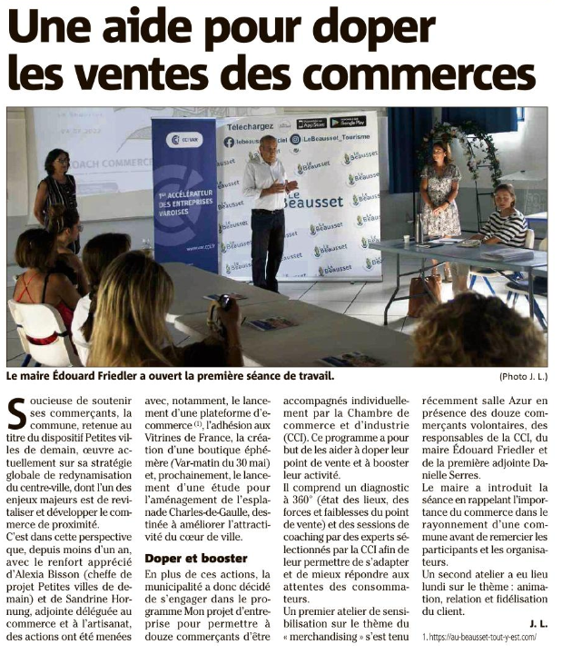 CCIduVar's tweet photo. Un article dans @Var_Matin qui parle du programme « Mon Projet d’Entreprise, #CoachCommerce » sur le #Beausset. Accompagnement de 12 commerçants, pour moderniser leurs #commerces et mieux répondre aux nouvelles attentes consommateurs 👌 https://t.co/4fl6aPv3kY