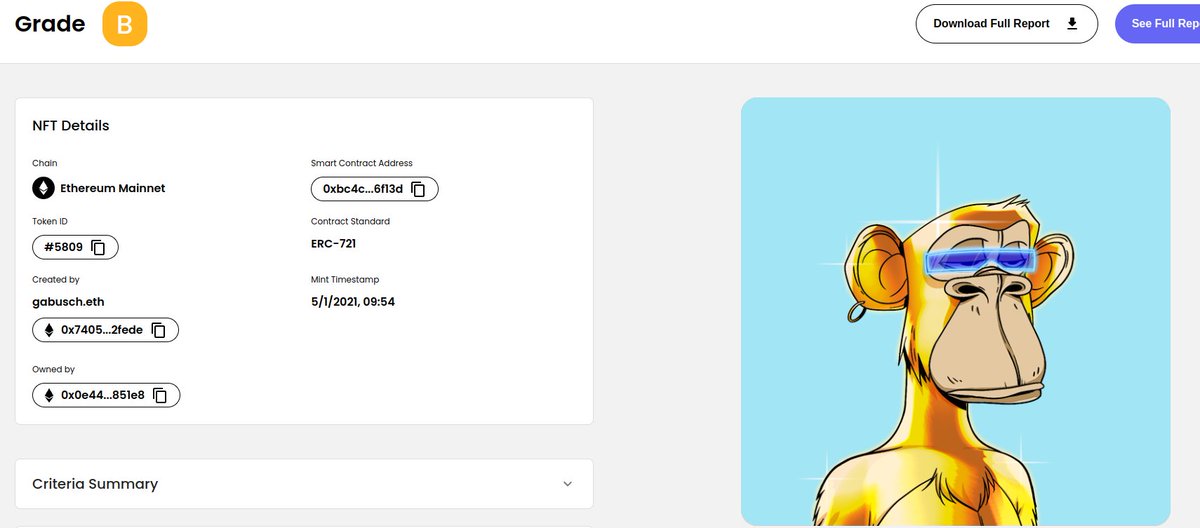 <a href="/Snapchat/">Snapchat</a> <a href="/thenftgrade/">nftGrade</a>, a new tool for "grading" your #NFTs in terms of code, media, energy consumption, and provenance!

The methodology used is mainly based on the quality of both the code and the storage platform.

Just generated a report on #BAYC 5809 and it got a 'B'! 😅