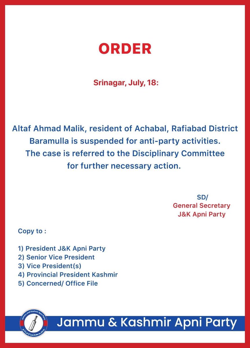 JkapKulgam's tweet image. Apni Party issues suspension Order.
Read Here.
..
#jkap #apniparty #apnipartyonline #AltafBukhari @imaadmir @Rafiahmadmir @KhanRaqeeqJKAP @Apnipartyonline @