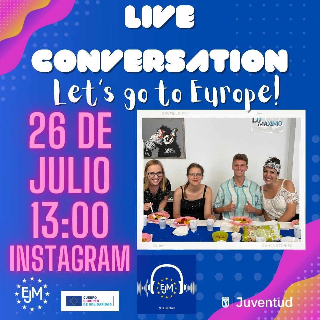 ¿Escuchaste nuestro podcast? ¿Quieres saber más? ¿Tienes alguna pregunta para nuestros voluntarios? ¡Únete al chat en directo! Hablaremos aún más sobre el voluntariado en el Cuerpo Europeo de Solidaridad 🇪🇺 y podrás hacer preguntas. 26 de julio a la 13h en el  
IG: <a href="/EuropaJoven/">Europa Joven Madrid</a>