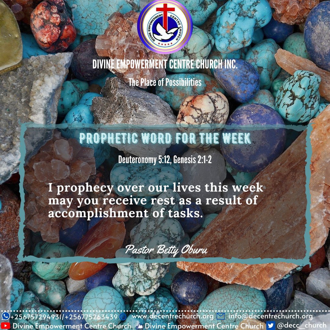 decc_church's tweet photo. PROPHETIC WORD FOR THE WEEK
Scripture Reference: Deuteronomy 5:12, Genesis 2:1-2
On the seventh day God rested from His work. You can't rest except you have accomplished a task.
Rest allows us think constructively and innovatively,so as to come up with bigger and greater things. https://t.co/R82xeESAMI