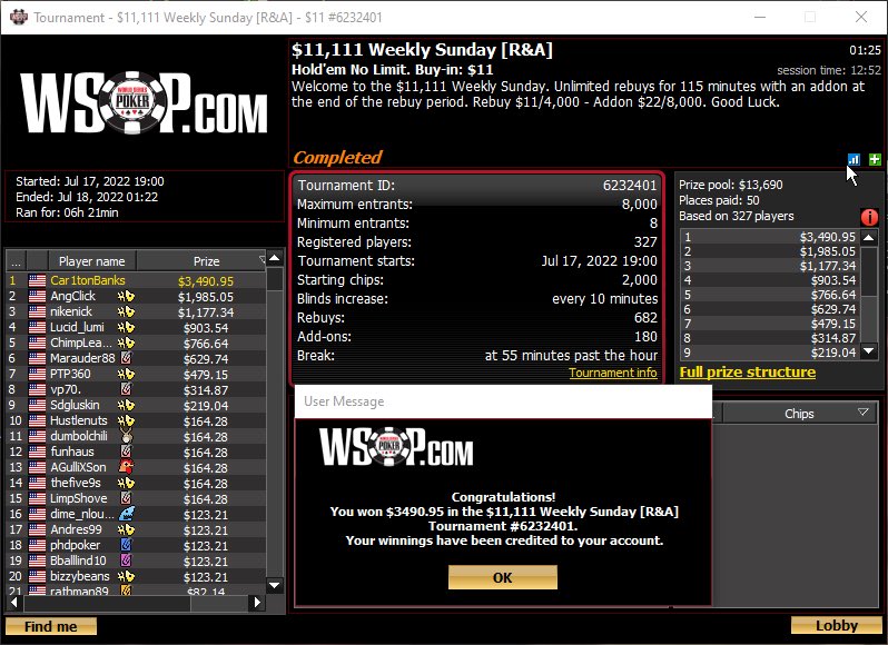SendinItSince83's tweet photo. Month Saver! 🏆💰🔥. Got em in the @WSOPcom $11,111. #poker #SundayFunday https://t.co/4ofoFL01Fd