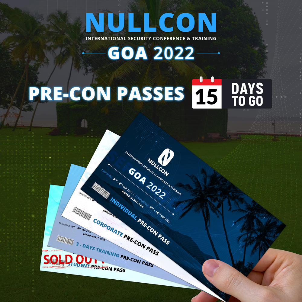 nullcon's tweet image. 📅Inching close #NullconGoa ! 🙌Venue Recce done + 👨‍💻Trainings for Upskill + 💡Speakers are being announced + 🧠Buckle up for exciting Challenges + Network

In short 🔥 Register yourself for the #NullconExperience

🎟️Grab them➡️bit.ly/3s1X8Xo

#NullconGoa2022 #infosec