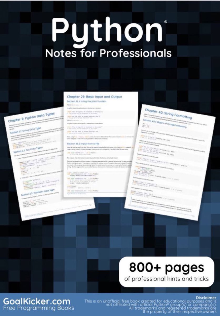 FREE downloadable PDF eBooks, including this 856-page book >> #Python Notes for Professionals, with code snippets, hints &amp; tricks: books.goalkicker.com/PythonBook/
————
#Coding #PyDev #Developers #BigData #DataScientists #MachineLearning #AI #DataScience #100DaysOfCode