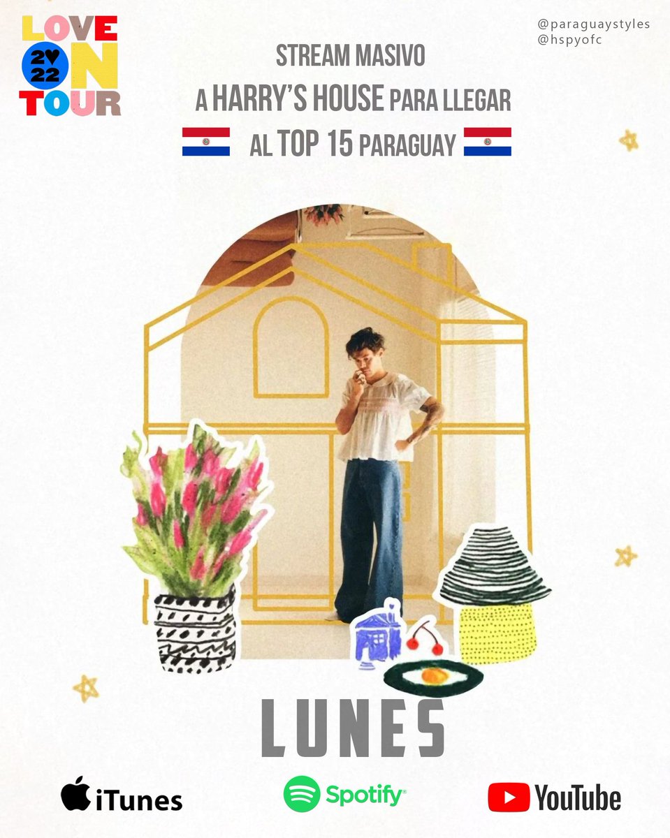 Los lunes son días de stream MASIVOS 📲🎧❤️ y necesitamos de su ayuda para alcanzar el top 15 PARAGUAY🇵🇾✨

🚨Para iTUNES se necesita la compra de 7 copias de Late Night Talking y As it Was y llegamos al #1 Paraguay 🇵🇾
Sería unos 9.000 guaraníes 🥺

#HarryComeToParaguay