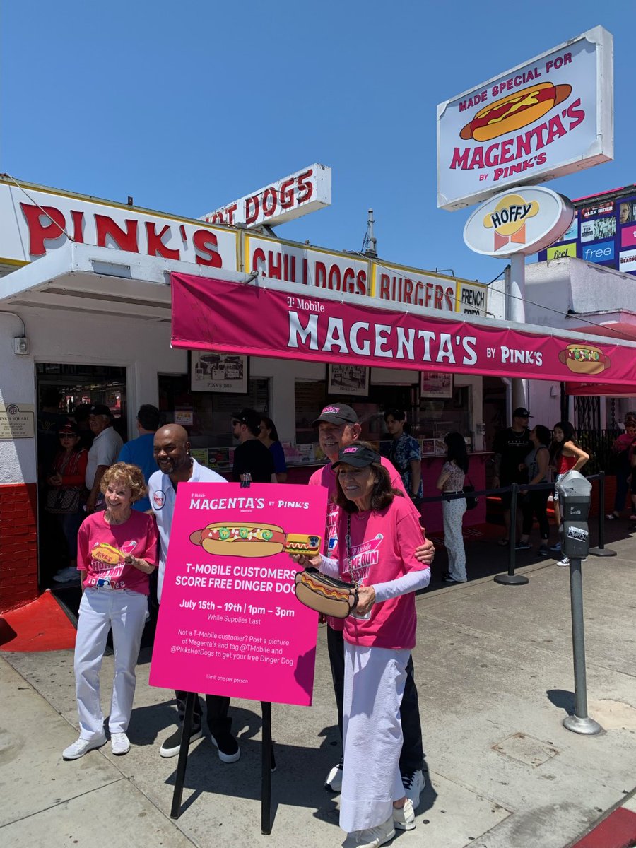 Mike_Katz's tweet photo. Um, it's pronounced Magenta's 🤣! 
In honor of the @MLB #AllStarWeek festivities @tmobile rebranded the iconic #PinksHotdogs in Hollywood and unveiled our very own Dinger Dog 😋 https://t.co/M8Mecaw21V