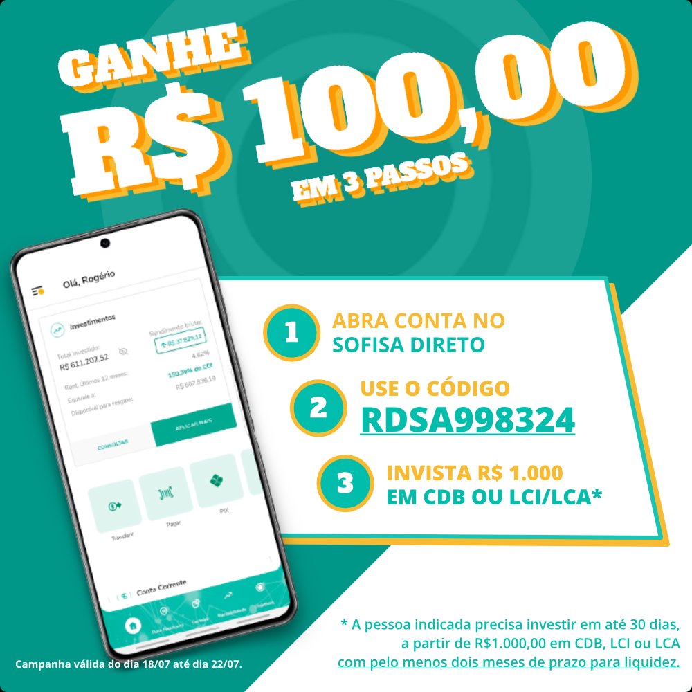 GeekPromo24h's tweet photo. 🎁 GANHE R$ 100 NO SOFISA DIRETO

🤑 Basta abrir a conta, usar o código e investir R$ 1.000 ou mais nos primeiros 30 dias para ganhar! 

⚠️ O investimento precisa ter pelo menos 2 meses de prazo para liquidez. 

🔗 Abra sua conta:  
https://t.co/LOVVbX83Xp

🎟️ Código: RDSA998324 https://t.co/ylB8jZCKVp