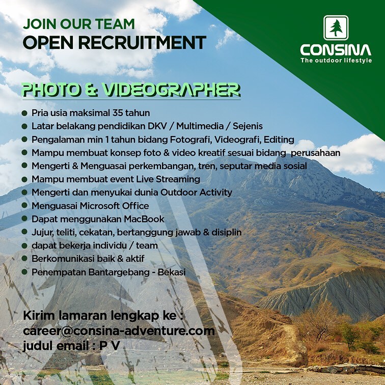 ConsinaOfficial's tweet photo. OPEN RECRUITMENT
Hei heii, untuk kalian yang memiliki kemampuan dalam bidang photo & videography kami memanggil kalian untuk menjadi bagian dari Consina team
#consina #consinaoutdoors #consinaindonesia #rekrutmen #lowongankerja #loker #consiners https://t.co/rtMYgrCqt2