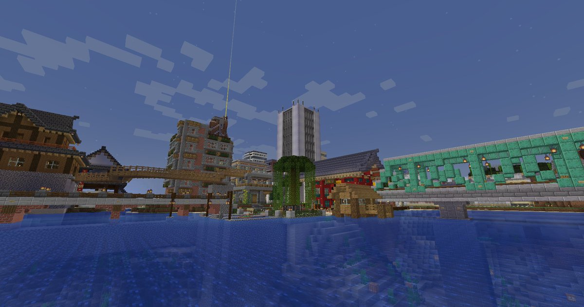 IDL_minecraft's tweet image. 犬島ディスティニーランド開拓史、本日より更新スタートとなりました！記念すべき第1回目の投稿は、犬島湾から望む主街区・番長地区の風景です！
#Minecraft #犬島ディスティニーランド