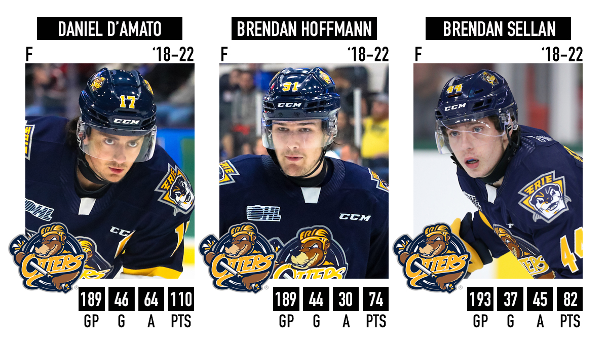 OHLHockey's tweet photo. #OHLAlumni Class of 2022 🎓:

Career @ErieOtters Daniel D'Amato, Brendan Hoffmann and Brendan Sellan move on after three seasons in the Flagship City. https://t.co/zHkiQXHEMl