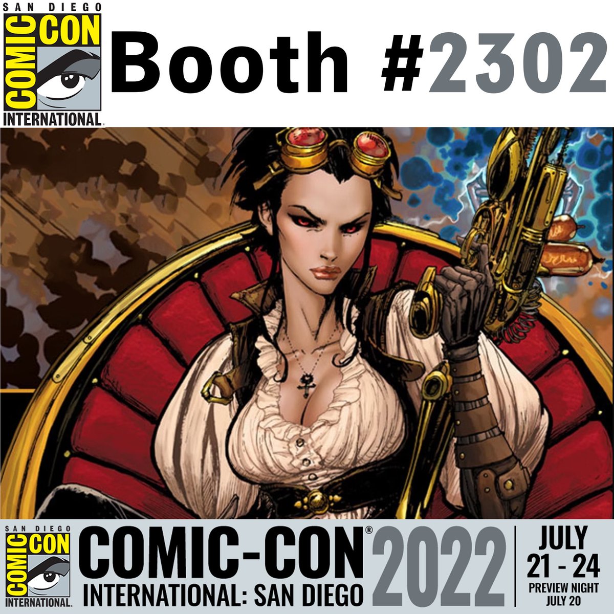 BenitezProduct's tweet photo. Hello LM Fans! We will be attending #sdcc2022 this year! We’ll have all the latest comics plus brand new #LadyMechanika merch, so bring your books for signing and come on and join us this year at San Diego Comic Con! https://t.co/gs2xBllyCP