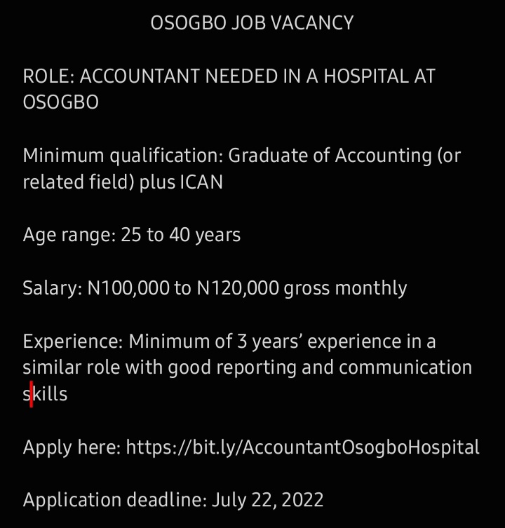 #jobseekers #job #jobsearch #accountant #osogbo #lagos #jobsinnigeria #universities #Vacancies #vacanciesinnigeria #youth