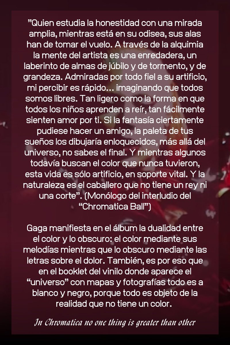 GagaAGoGo_'s tweet photo. .@ladygaga revela que “Chromatica” nunca fue sobre colores y por eso el tour es obscuro, porque en realidad los colores son el trazo que ella imagina para soportar su verdadero significado: el dolor.

Lee el texto para que puedas entender el concepto del #ChromaticaBall. https://t.co/PonKM8pKci