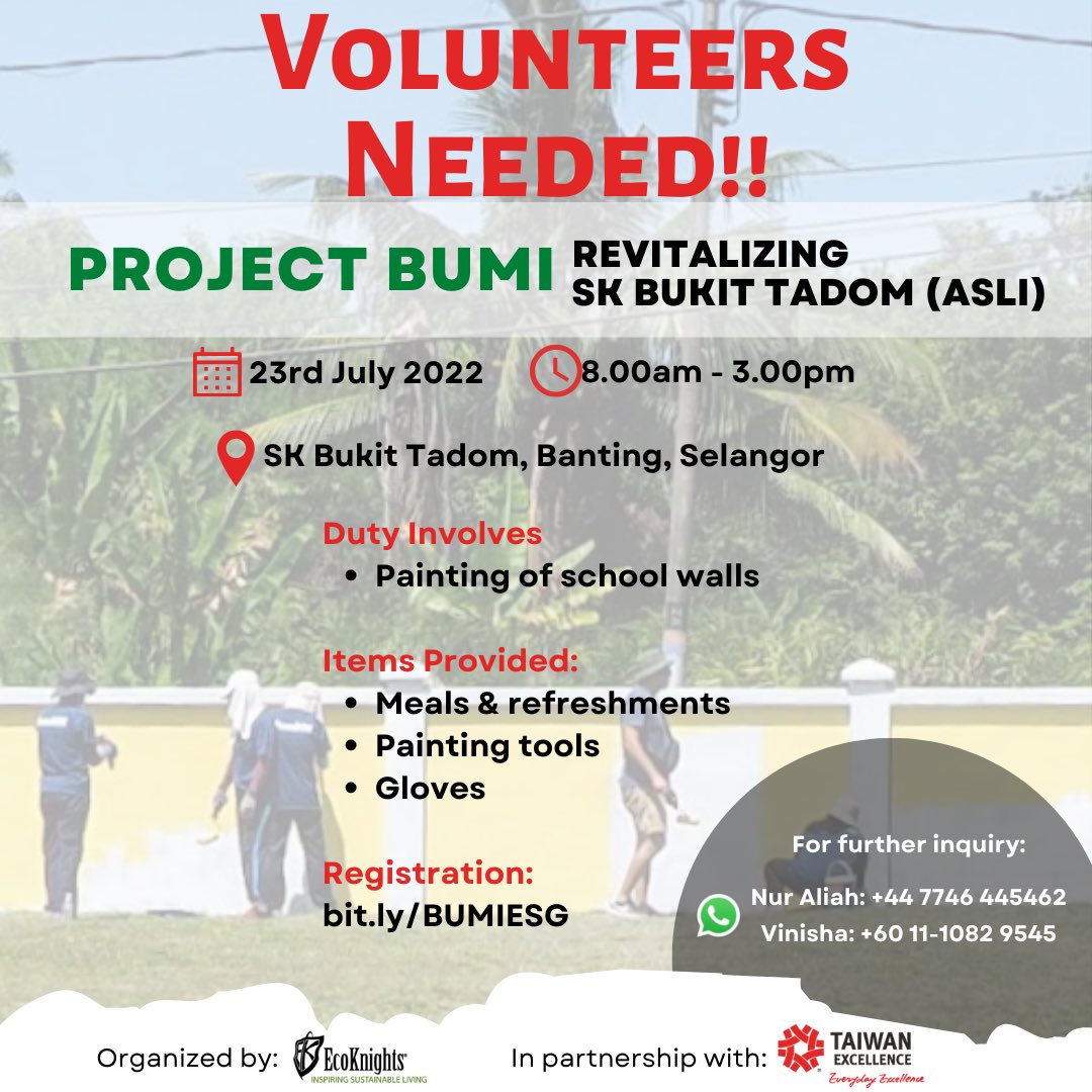 🚨📣 VOLUNTEERS IN NEED 📣🚨

🔽Details🔽
Venue: SK Bukit Tadom, Banting
Date: 23rd of July
Time: 8:00 am until 3:00 pm

🔗 Registration link: bit.ly/BUMIESG 

We highly encourage volunteers to arrange your own transportation to Bukit Tadom.