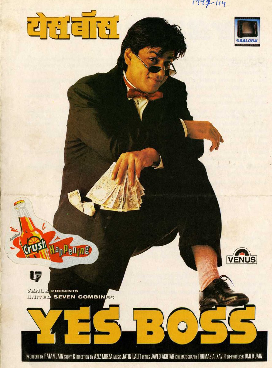 25 Years of #YesBoss (18/07/1997). 

Yes Boss is directed by #AzizMirza. It stars @iamsrk, @iam_juhi, #AdityaPancholi, & @GulshanGroverGG. Songs by #JatinLalit & @Javedakhtarjadu. 

What is your favourite song from the film? 

#shahrukhkhan #srk