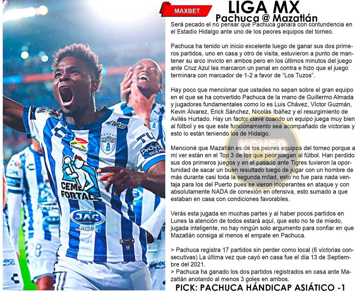 KenerPicks's tweet image. MAXBET 🦍 

🇲🇽 Pachuca @ Mazatlán 

Entrará mucho dinero aquí pero que eso no te detenga, lo menciono en el análisis, no hay argumentos para pensar que Mazatlán dará pelea en Hidalgo.

❤️ Si se pierde regalaré $200 a una persona que:
— De RT &amp;amp; Like
— Comentar su ticket aquí.