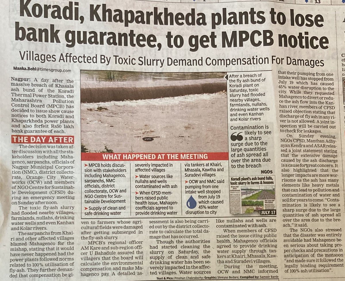 ShripadManthan's tweet photo. Massive breach in @connectMSPGCL Khaparkheda power plant's #AshPond spreading large quantities of ash in 5 villages, farms and water sources. Entirely preventable. Yet, it will only face a Rs 50 Lakh bank guarantee forfeiture. No accountability. No one held responsible. No FIR. https://t.co/I41n6b12ld