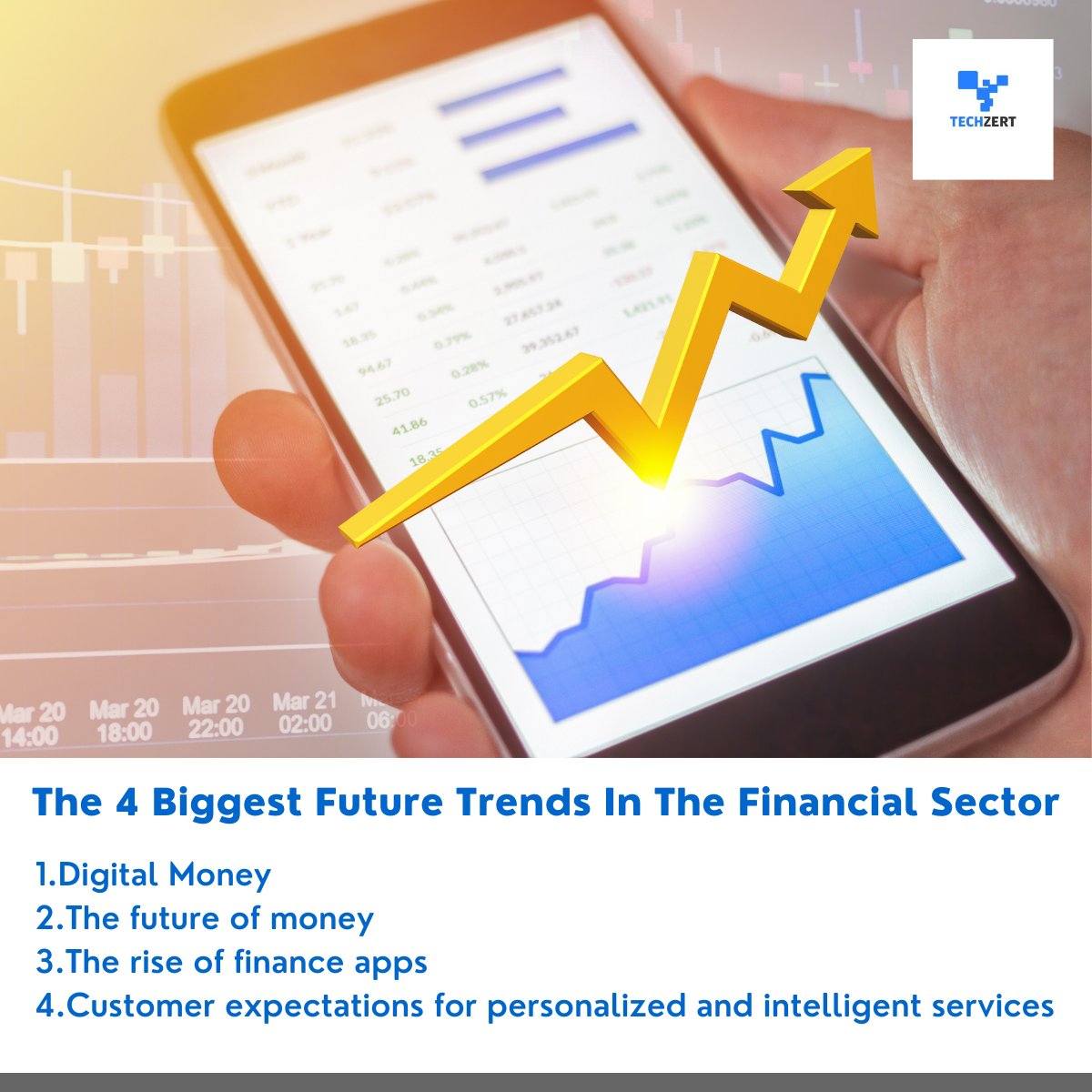 TechZert's tweet photo. The four key #futuretrends that will impact the #financial sector are:  
1. Digital Money 
2.The future of money  
3. The rise of finance apps
4.Customer expectations for personalized and intelligent services 
#Techzert #IBM #ISO20022 #ftm #Payments https://t.co/3DZgNsso7G