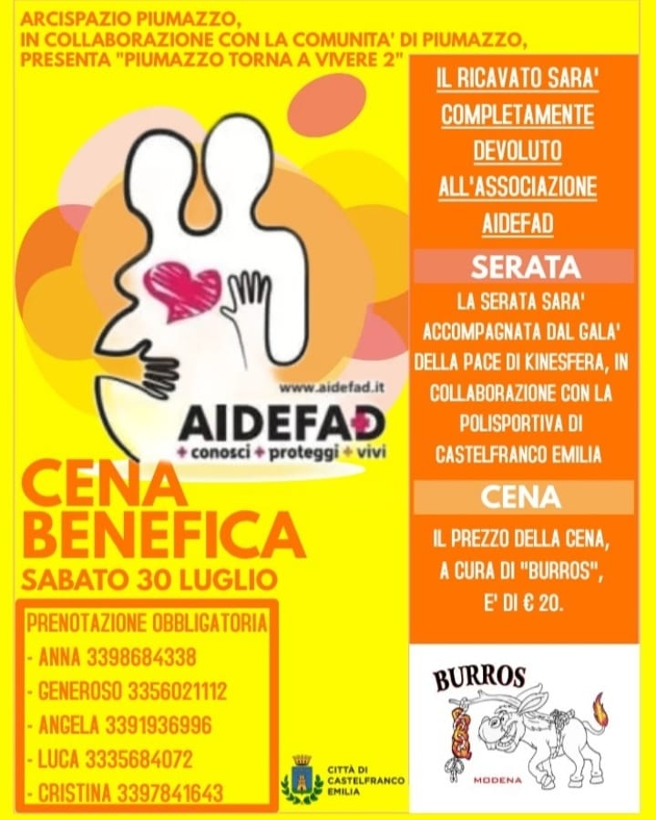 aidefad_ets's tweet photo. "Piumazzo Torna a vivere 2" è lieta di invitarti il 30 Luglio a Piumazzo per una Cena a base di Amore.
L'incasso della serata sarà completamente destinato ad #AIDEFAD che si occupa di #FASD
#conosciproteggivivi #sindromefetoalcolica #DNEPA #emiliaromagna #piumazzo #solidarietà https://t.co/Wng8osNPOE