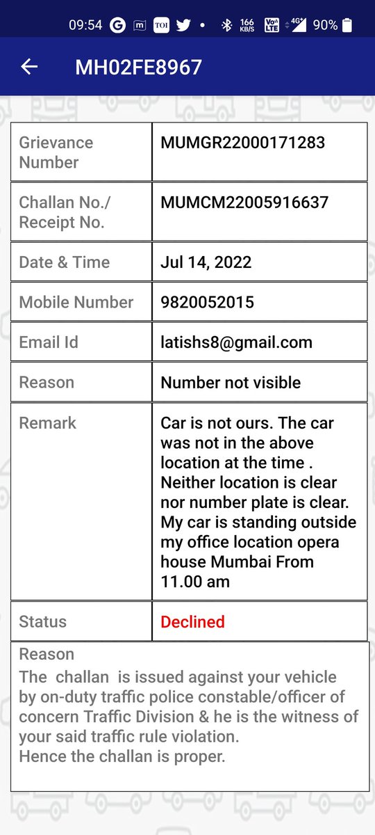 Latish_Setpal's tweet photo. @mymalishka I was challaned 1500 for a car which was the same model as mine and had similar number but the state is different.
I put up a grievance in MTP app and they declined
The evidences are not clear. My car number is MH02FE8967 and in the image the car number starts with K https://t.co/LvujwLiyyT