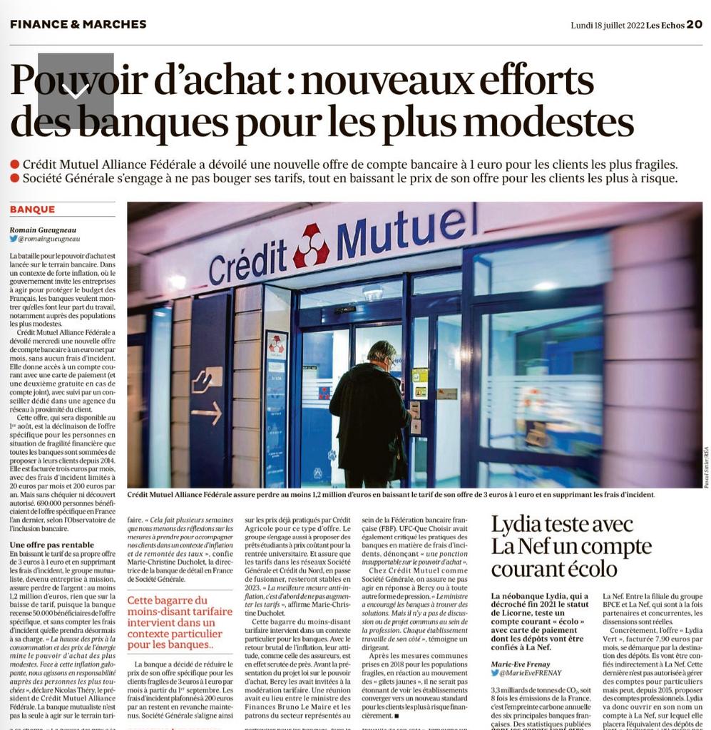 À lire dans <a href="/LesEchos/">Les Echos</a> de ce jour. L'offre pour la clientèle fragilisée par la crise proposée par <a href="/CreditMutuelAF/">Crédit Mutuel Alliance Fédérale</a> est largement la mieux-disante. 
#solidarité #entrepriseàmission