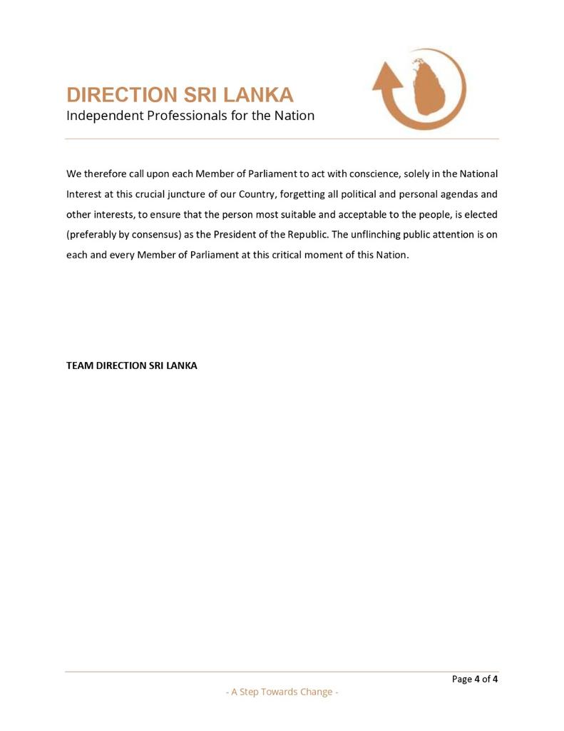 DirectionsSL's tweet photo. #DirectionSriLanka urges each #MemberOfParliament to act solely in National Interest at this crucial juncture,forgetting all political&amp;personal agendas,to ensure that the person most suitable to the people,is elected as the President of the Republic of #SriLanka 
#ProfessionalsSL https://t.co/dG6JDUbuWu
