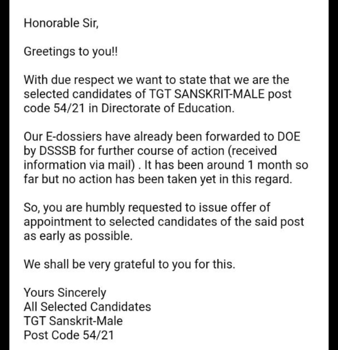 ShrayanshJain6's tweet photo. Subject : Regarding deliberate &amp; unjustified delay by DOE in issuing offer of appointment to TGT Sanskrit Male 54/21 selected candidates.@Dir_Education @msisodia @CMDelhi @socialjurist @DASS_PARIVAR https://t.co/eoaIcscTgF