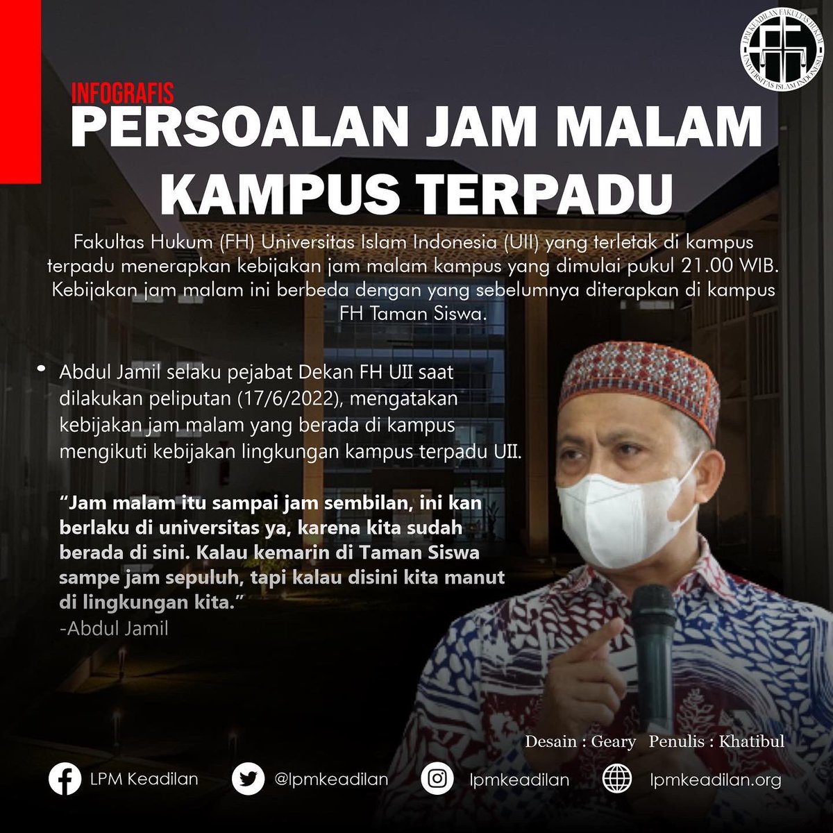 LPMKeadilan's tweet photo. Kampus dapat diartikan sebagai ranah mahasiswa untuk belajar serta mengeksplorasi dirinya sendiri baik pada bidang akademik maupun non akademik. Pindahnya gedung Fakultas Hukum UII ke kampus terpadu diikuti dengan harapan akan lengkapnya fasilitas penunjang kebutuhan mahasiswa. https://t.co/RHvgBSKxax
