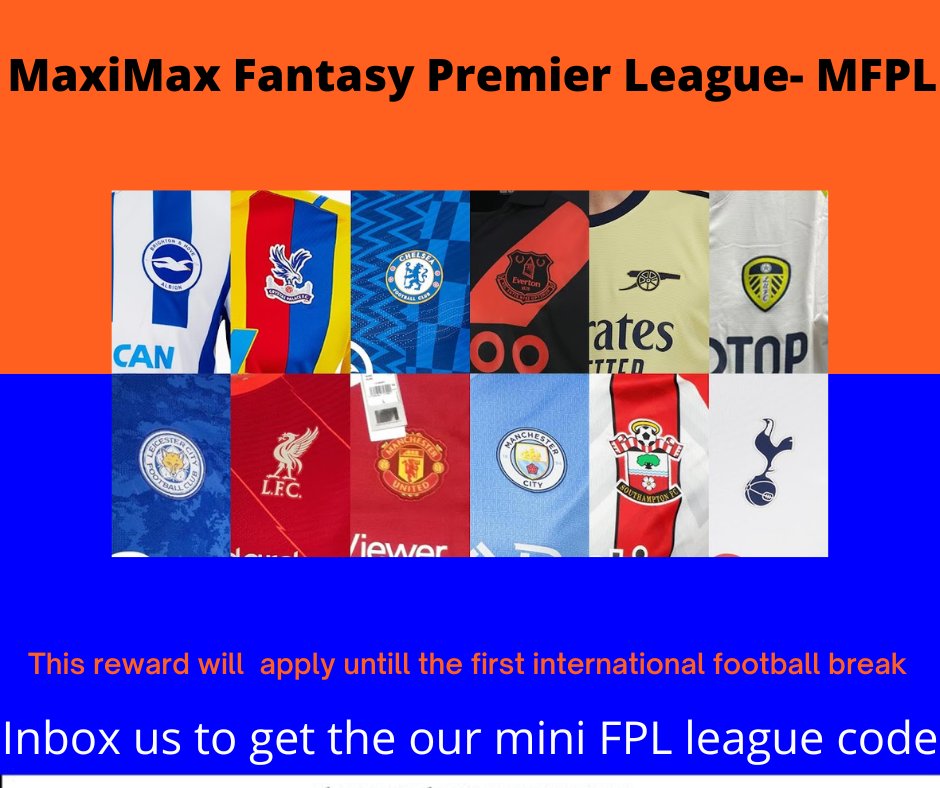 AndMaximax's tweet photo. ANNOUNCEMENT: YOUR FAVOURITE FOOTBALL JERSEY!!

We are happy to announce that  the monthly winner untill the first  international football break  will be rewarded with their favourite team jersey. 

#MaxiMaxFPL #FPL #FPLCommunity #FPLNepal https://t.co/aDWwDznfoK
