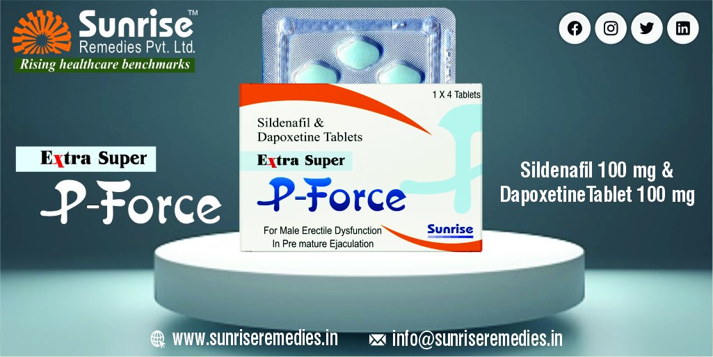 sunriseremedies's tweet photo. Enjoy the moments with Extra Super P-Force Contains #Sildenafil 100 Mg And #Dapoxetine 100 Mg Most Popular Products From Sunrise Remedies Pvt. Ltd.
Read More: https://t.co/Q6SxWEar0k
#ErectileDysfunction #Prematureejaculation #EDproblem #PEProblem #Impotence #Manpower #Sunrise https://t.co/chEdScmKmO