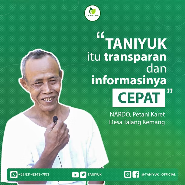 taniyuk's tweet photo. Nardo telah membuktikan bahwa menjadi mitra TANIYUK lebih menguntungkan. Kesejahteraan petani adalah yang utama. Giliran anda buktikan sekarang!
Taniyuk mudah, jujur dan transparan
Taniyuk, buktikan!

#taniyuk #lateks #petanikaret #pendereskaret #selamatkanpendereskaret #aplikasi https://t.co/EQkR7rSTEB