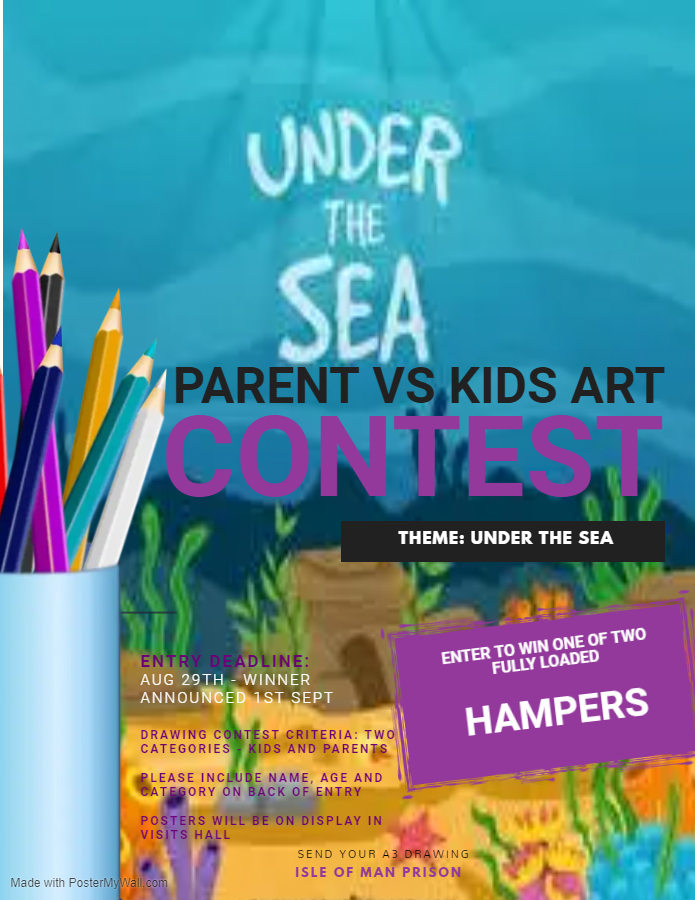 IslePrison's tweet photo. Under the Sea Art competition launched. Adults vs. Kids - a hamper to be won for each category. Entries will be displayed in the visits hall post competition. Closes on Monday 29th August winners announced Thursday 1st September. A3 Landscape. Good luck! https://t.co/6WWe8GeQAB