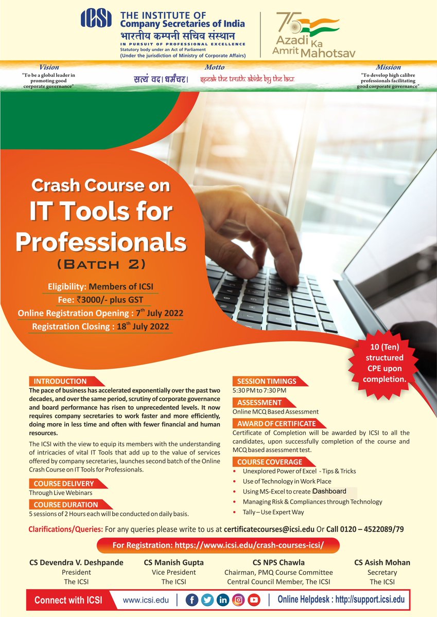 icsi_cs's tweet photo. Grab the Opportunity to Master #IT Tools. Register Now for #ICSICrashCourse @ https://t.co/FreoJxqBtY @AmritMahotsav https://t.co/yKpMlFSFjJ