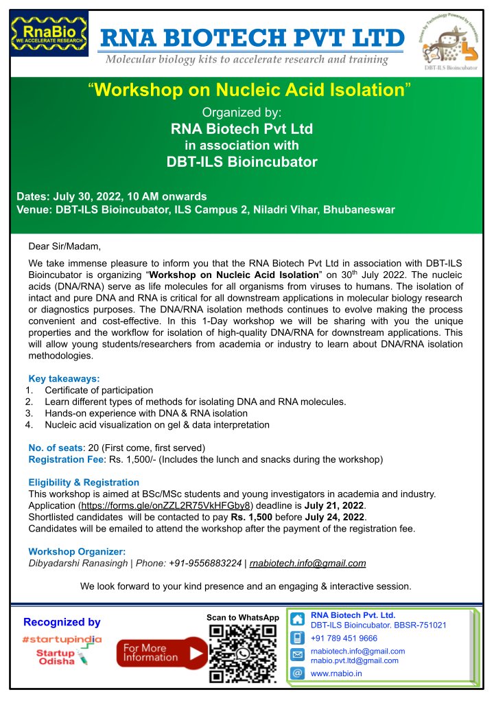 RNAbiotech's tweet photo. Register here: https://t.co/ODcQWDGRdF
Feel free to reach out in case of any queries.
#RNABiotech #RNABiotech #NucleicAcidisolation #Biotechnology #OneDayWorkshop #molecularbiology #genomics https://t.co/uiguHnLFI1