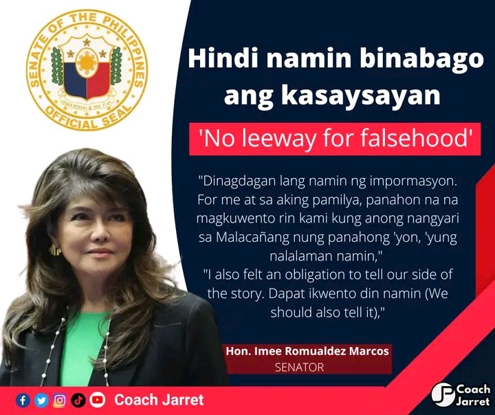 MarkMackoy357's tweet photo. "Hindi namin binabago ang kasaysayan, dinagdagan lang namin ng impormasyon. For me at sa aking pamilya, panahon na na magkuwento rin kami kung anong nangyari sa Malacañang nung panahong 'yon, 'yung nalalaman namin."

---Senator Imee Marcos

Photo credit:  Coach Jarret https://t.co/avVBz4ZMMj