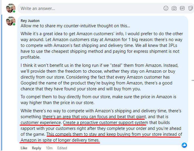 reyjuaton's tweet photo. I noticed that a lot of supplement store owners in the FB groups are asking how to get #Amazon customers' contact info so they can directly market the product. 

While it's a great idea to "steal" Amazon customers to our store, here's my counter-intuitive thought on this issue... https://t.co/QTTdFYn31M