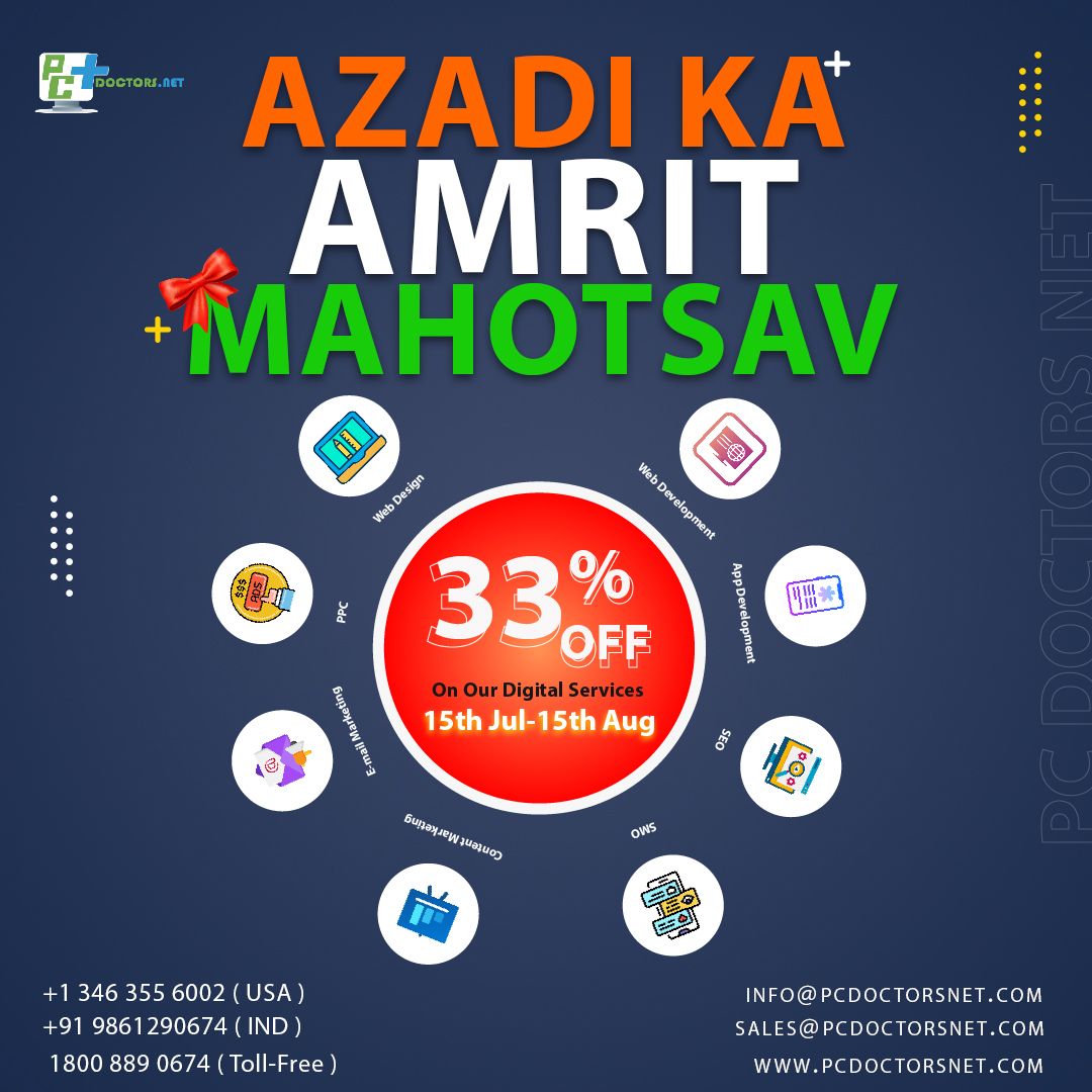 pcdoctorsnet's tweet photo. 75 years of Independence is a reason enough to celebrate. To empower Indian businesses, and to make them a global entity, we are offering a massive 33% off on all our digital services.

*Limited time offer
*Offer valid only for Indian Businesses / Startups.

Call: +91 9861290674 https://t.co/elG9fLLcU7