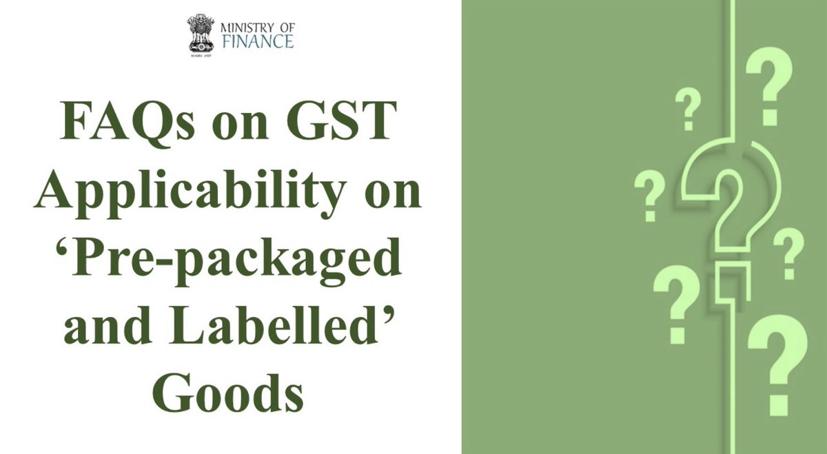 The changes relating to GST rate, in pursuance of recommendations made by the <a href="/GST_Council/">GST Council</a>  in its 47th meeting, came into effect from today, 18th of July, 2022.

Here is the FAQ regarding the GST levy on ‘pre-packaged and labelled’ goods 👇

Read more ➡️ pib.gov.in/PressReleasePa…