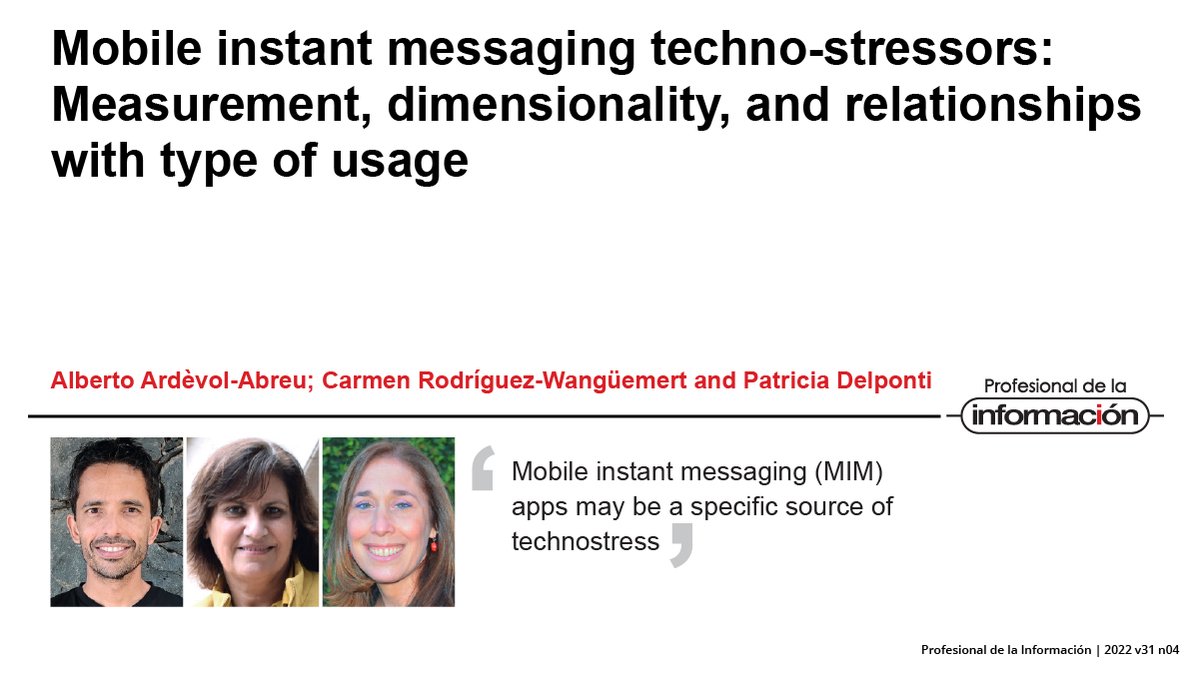 Revista EPI (@revista_epi) on Twitter photo Mobile instant messaging techno-stressors: Measurement, dimensionality, and relationships with type of usage. By <a href="/alberardevol/">Alberto Ardèvol-Abreu</a>, Carmen Rodríguez-Wangüemert and <a href="/PDelponti/">Patricia Delponti</a>
▶️ doi.org/10.3145/epi.20…
#Technostress #Technostressor #Overload #Invasion #Urgency Mobile instant messaging techno-stressors: Measurement, dimensionality, and relationships with type of usage. By <a href="/alberardevol/">Alberto Ardèvol-Abreu</a>, Carmen Rodríguez-Wangüemert and <a href="/PDelponti/">Patricia Delponti</a>
▶️ doi.org/10.3145/epi.20…
#Technostress #Technostressor #Overload #Invasion #Urgency
