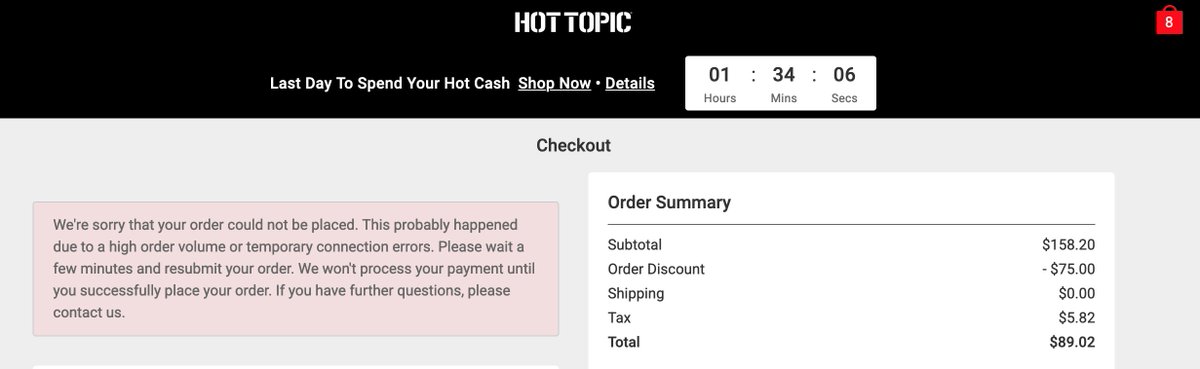 trozzort's tweet photo. Super frustrating again... trying to use @HotTopic 's #hotcash but almost an hour now of trying &amp; can't get order through! Something goes wrong *every* time we try to order. #hottopic #hotcash https://t.co/tLK6ly0Svx