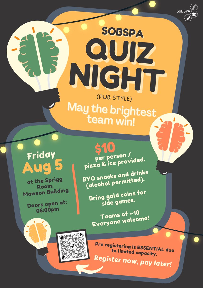 Our Quiz Night is happening in 2 weeks on the 5th or Aug!🧠🍷🍕We have many rounds that will test your knowledge on a range of fun topics.🌏🎶🧬📜🍟🗾🎨😏Gather your lab groups, friends/family &amp; get everyone to register ASAP to reserve a spot through ➡️ shorturl.at/fLTU1