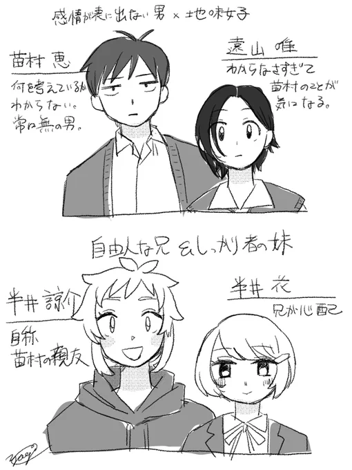 自創作の男女cpやコンビ、組み合わせの一部
4枚では収まらなかった
名前だけでもというかぼんやりシルエットだけで良いのでなんか覚えて帰ってください
#山羊創作 