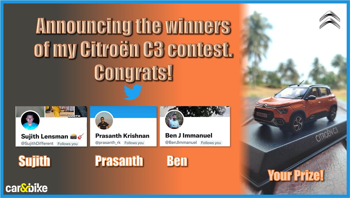sidpatankar's tweet photo. Many of you asked, and so here is the winner list for the cool Citroën C3 scale model giveaway! Congrats to Ben, Sujith, and Prasanth! DM me your address so your prizes can reach you!
SVP

#giveaway #contest #scalemodel #CitroenC3 #C3 #hatchback #winners #CitroenIndia #carandbike https://t.co/IbcZVlvn7n