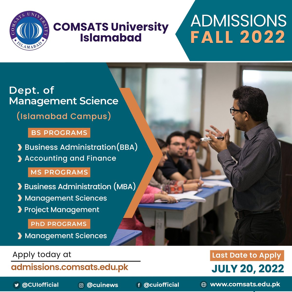 CUIofficial's tweet photo. Dept of #ManagementSciences, #CUI Isb Campus offers business programs with various specialization areas at Bachelors, MS and PhD levels. 
Submit your application now at https://t.co/Yyj4WFGPXv 

#CUINEWS #CUIOFFICIAL #COMSATS #CUIISB #AdmissionsFall22 #PhD #BBA #Bachelors https://t.co/rTDZ8H5xvS